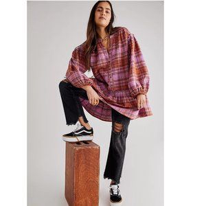 Free People Alexa Plaid Mini Dress Flounced Shirtdress Tunic Rose Pink